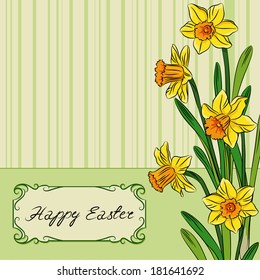 Vector illustration of card with easter daffodil in center and frame
