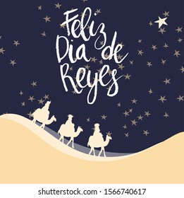 Tarjeta de ilustración vectorial para la celebración de Epifanía. Caricatura de tres sabios. Traducción del título: Feliz Día de los Tres Reyes