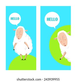 Vector illustration. Card flyer with cheerful white sheep on the meadow.