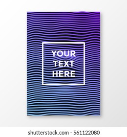 Vector illustration of card or flyer with dark minimalistic pattern or stripes background with wavy, curving distortion effect. Bending, warped blue and purple gradient lines. Place for text in square