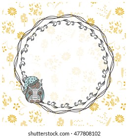 Vector illustration, card. Frame with cartoon hand drawn bird, owl, wave and flower elements. Template for invitation, greeting card, background. Abstract ornament, mori-girl style