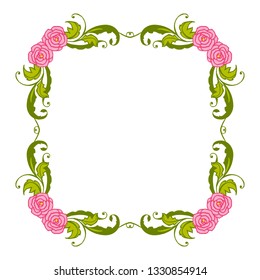 Vector illustration card with frame flower pink rose leafy green hand drawn
