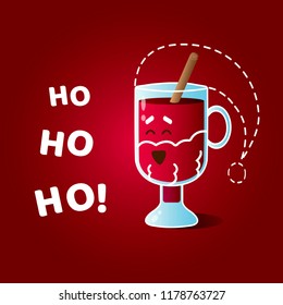 Vector illustration card with funny character of laughing irish glass dressed like Santa Claus and text "Ho ho ho!"