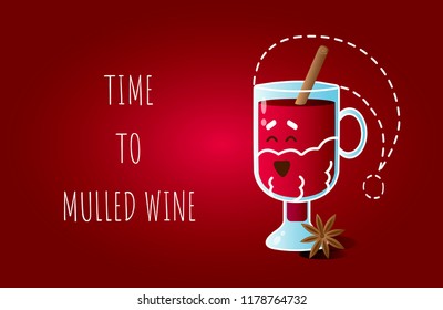 Vector illustration card with funny character of laughing irish glass dressed like Santa Claus and text "Time to mulled wine"