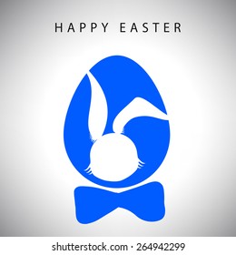Vector illustration card of Hanging easter blue egg with bow and silhouette of rabbit gentleman