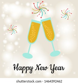 Vector illustration. card Happy new year. Two glasses with champagne on a beige background with bokeh and light. Flat style