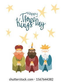 Vector illustration card for Happy Three Kings Day celebration. Cute cartoon character of three wise men.