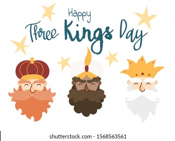 Vector illustration card for Happy Three Kings Day celebration. Cute cartoon character of three wise men.