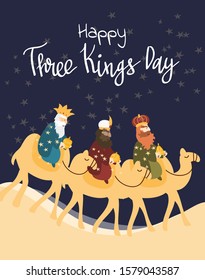 Vector Illustration Card For Happy Three Kings Day Celebration. Cute Cartoon Character Of Three Wise Men.