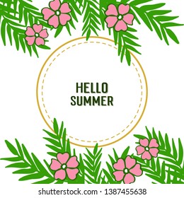 Vector illustration card hello summer with frame flower pink and leaves green