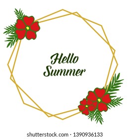 Vector illustration card hello summer with style red floral frame