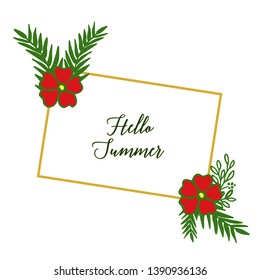 Vector illustration card hello summer with style red floral frame