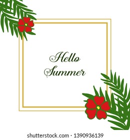 Vector illustration card hello summer with style red floral frame