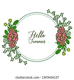 Vector illustration card hello summer for style of pink rose flower frames hand drawn