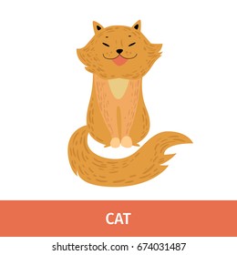 Vector illustration. Card with the image and name of the animal. Cat