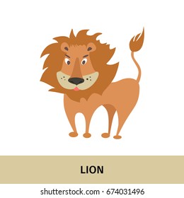Vector illustration. Card with the image and name of the animal.Lion