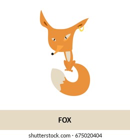 Vector illustration. Card with the image and name of the animal.Fox