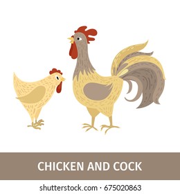 Vector illustration. Card with the image and name of the bird. Chicken and cock.