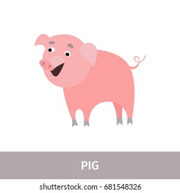 Vector illustration. Card with the image and name of the animal.Pig.