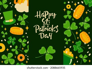 Vector illustration of card with inscription Happy St Patricks Day on green background with shamrock and cloves leaves and golden coins