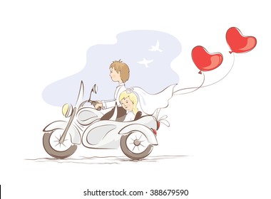 Vector illustration, card -- just married on a motorcycle