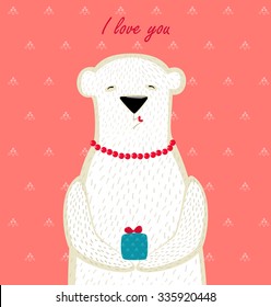 vector illustration card kissing a white bear with a gift
