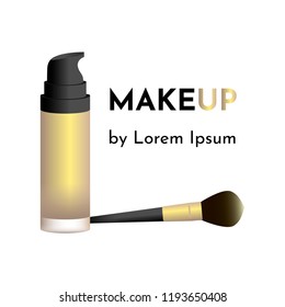 Vector illustration card for makeup artist or salon (studio) with bottle liquid matte foundation and professional makeup brush and text "Makeup by Lorem Ipsum"
