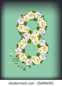 Vector illustration card for March 8 woman day with roses on green background