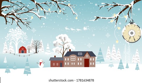 Vector illustration card for Merry Christmas and Happy New Year with Panorama winter landscape in village farm house pine tree and snow man.