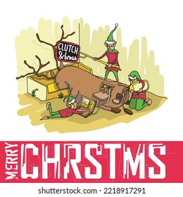 Vector illustration card of merry Christmas card with Grinch being on pit stop for Santa Claus deer