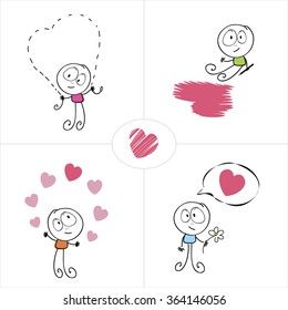 vector illustration for a card, notebook, doodle line-drawn stylized enamored boy recognized in love many times, happiness. gives a flower. Draws and juggles hearts, thinking about love.