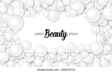 Vector illustration of card placed in white pearls or spheres. Volumetric randomly distributed balls. Surface constructed from light grey balls background. Luxury card mockup, template.  
