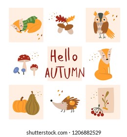 Vector illustration for card, poster, flyer, web, cover, tag, invitation, sticker kit. Hand drawn elements - girl with cup of coffee, woman with book, fall leaves, forest animals