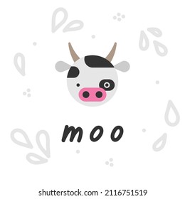 Tarjeta de ilustración vectorial, afiche o postal con sonidos de vacas y letras de vacas. 