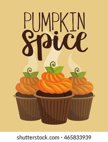 Vector illustration card with pumpkin spice cupcakes on beige background.