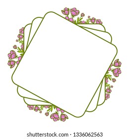 Vector illustration card with purple flower frames blooms hand drawn