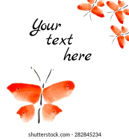 Vector illustration of card with red butterflies in sumi-e technique