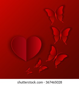 Vector illustration card of red heart and butterflies for Valentine's Day