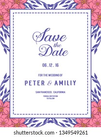 Vector illustration card save the date with various shape purple leaf wreath frames hand drawn
