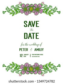 Vector illustration card save the date with various style purple flower frame hand drawn