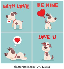 Vector illustration card set with cute cartoon little Valentine dog-puppy in love and funny greeting text