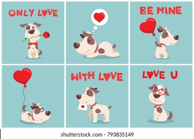 Vector illustration card set with cute cartoon little Valentine dog-puppy in love and funny greeting text