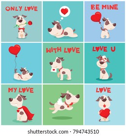 Vector illustration card set with cute cartoon little Valentine dog-puppy in love and funny greeting text