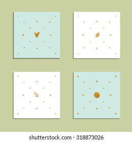 Vector illustration of card set with gold painted elements. Can be used for greeting, birthday, wedding invitation.
