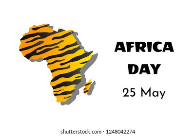 Vector illustration card with silhouette of continent Africa with black and orange animal tiger stripes print. Text Africa Day. 25 May. White background
