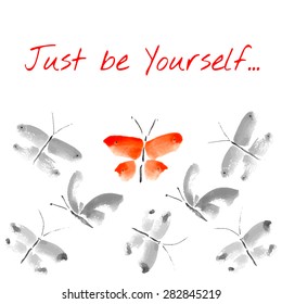 Vector illustration of card with slogan and red butterfly in sumi-e  technique