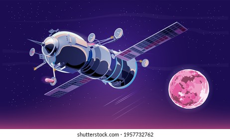 Vector illustration card with spaceship satellite in space with moon. Space history program, human exploration of near space. Picture with 3d model flying spaceship. Isolated