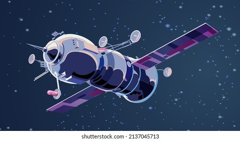 Vector illustration card with spaceship satellite in space with moon. Space history program, human exploration of near space. Picture with 3d model flying spaceship. Isolated