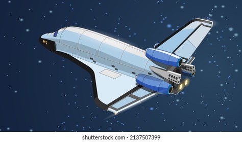 Tarjeta de ilustración vectorial con nave espacial, lanzadera espacial en el espacio. Programa de historia espacial, exploración humana del espacio cercano. Imagen con una nave espacial 3d modelo voladora. Aislado