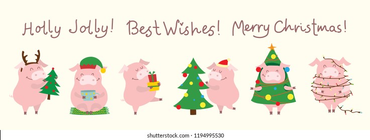 Vector illustration card with the symbol of the year - yellow pig with christmas gifts and funny hand drawn christmas greeting